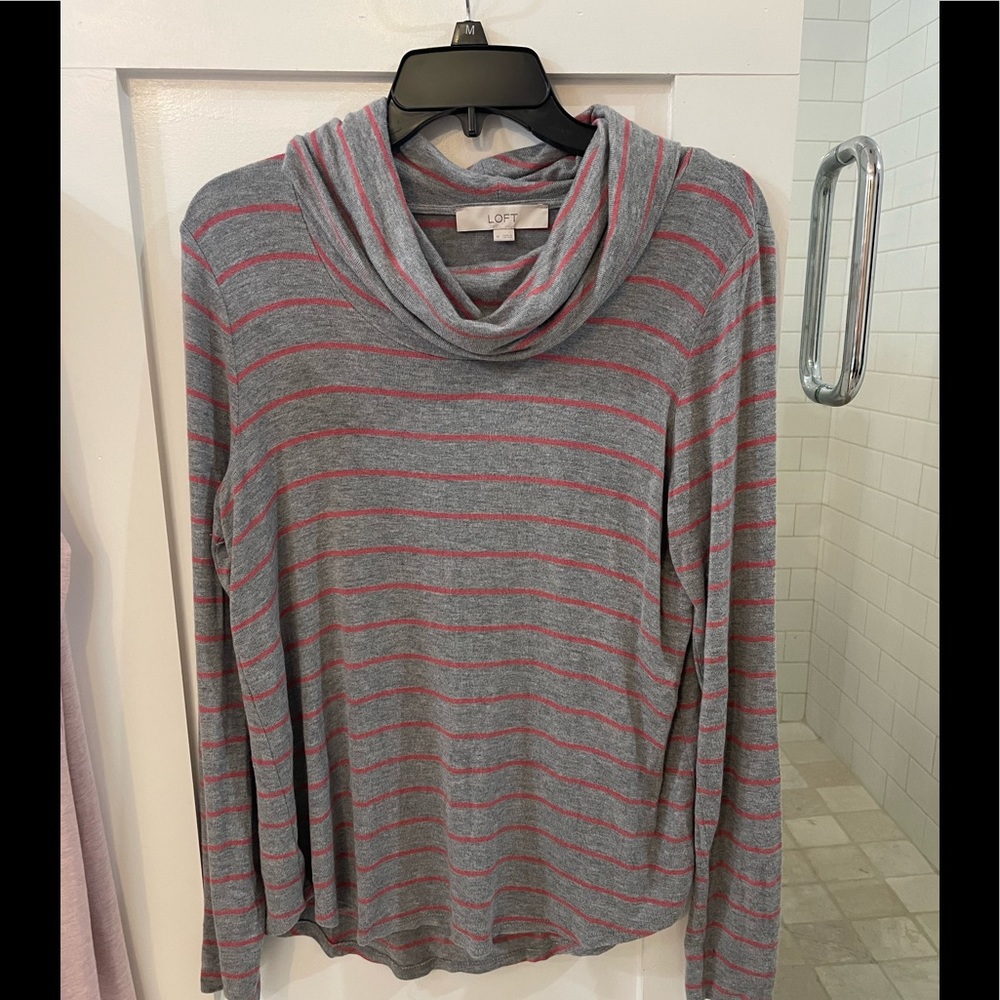 LOFT Size M Cowl Neck Long Sleeve Knit Gray with Coral Stripes